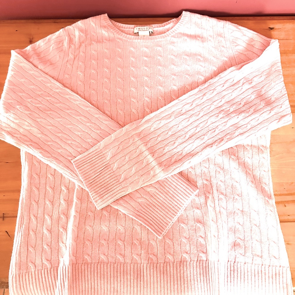 💖NWOT Tweeds 100% Cashmere Baby Pink Cable Knit Sweater, size XL